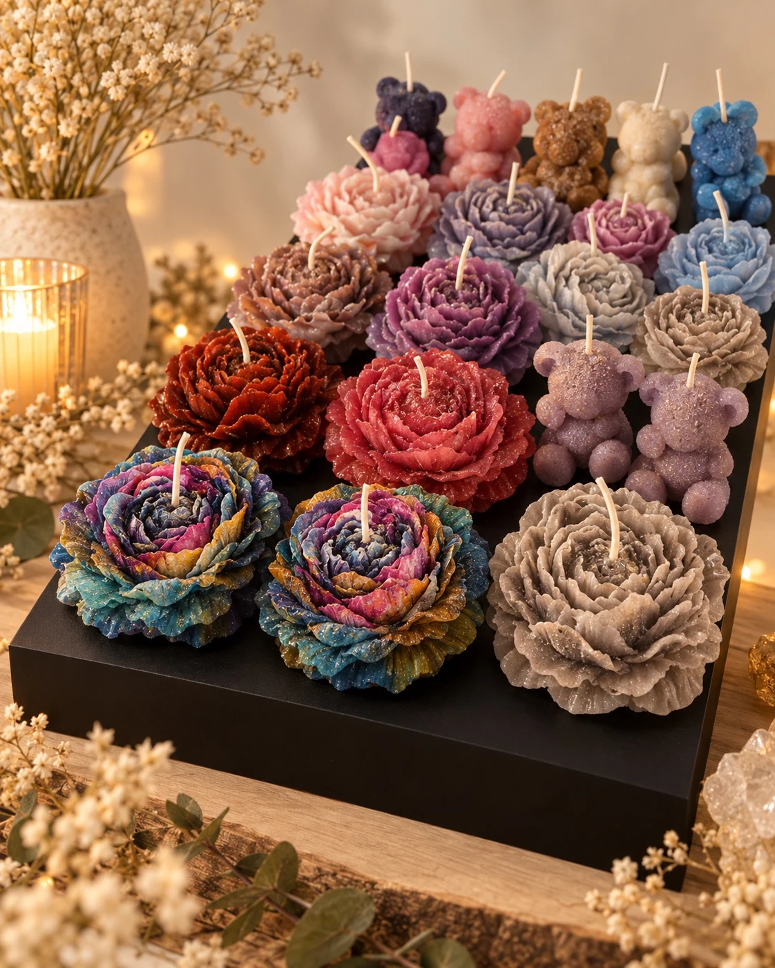 Mise en scène fournie des bougies florales et oursons