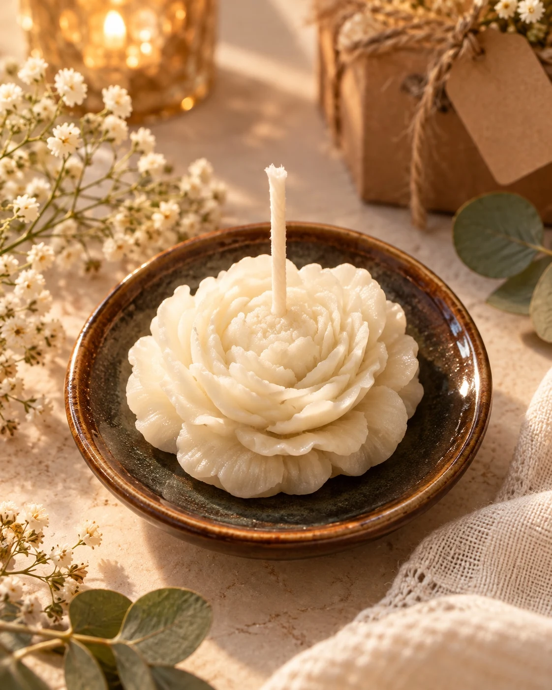 Mise en scène fournie d’une fleur en cire crème